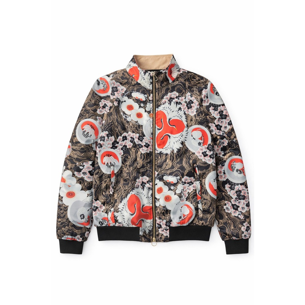 Urban‎ Outfitters Japanese Crane Floral Bomber Jacket Black Red White Small